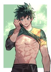 Rule 34 | 1boy, abs, absurdres, boku no hero academia, border, clothes lift, freckles, green background, green eyes, green hair, highres, male focus, midoriya izuku, misa (jjin miryeon), multiple scars, nipples, open mouth, pectorals, scar, scar on arm, scar on hand, shirt lift, sweat, toned, toned male, twitter username, white border