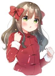 Rule 34 | 1girl, absurdres, aizawa85, arima miyako, bow, brown hair, clenched hands, cropped torso, green eyes, hair bow, highres, long hair, long sleeves, looking at viewer, melty blood, open mouth, red bow, red vest, simple background, solo, tsukihime, vest, white background