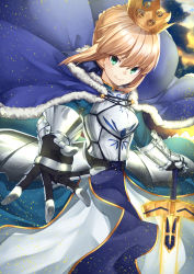 Rule 34 | 1girl, absurdres, armor, artoria pendragon (fate), blonde hair, braid, cape, crown, fate/grand order, fate (series), fur trim, gauntlets, gorget, green eyes, hachiroku (hatirokusann86), hand on hilt, highres, looking at viewer, outstretched arm, saber (fate), solo, sword, weapon, wind