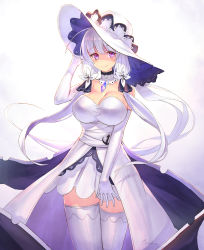 Rule 34 | 1girl, alternate eye color, anchor, arm up, azur lane, blush, breasts, cleavage, commentary request, detached sleeves, dress, flower, hair flower, hair ornament, hat, highres, illustrious (azur lane), jewelry, large breasts, looking at viewer, mole, mole under eye, purple eyes, silver hair, smile, solo, takamine nadare, thighhighs, twintails, white background, white thighhighs, zettai ryouiki