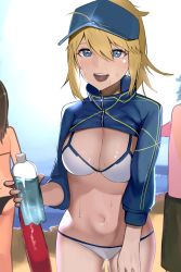 Rule 34 | 1girl, absurdres, ahoge, artoria pendragon (fate), bad id, bad pixiv id, basaru 1106, baseball cap, bikini, blonde hair, blue eyes, blue hat, blue jacket, blush, bottle, breasts, cleavage, cropped jacket, fate/grand order, fate (series), hair between eyes, hair through headwear, hat, highres, jacket, large breasts, long hair, long sleeves, looking at viewer, mysterious heroine xx (fate), navel, open mouth, ponytail, shrug (clothing), sidelocks, smile, solo, stomach, sweat, sweatdrop, swimsuit, thighs, white bikini