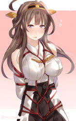 Rule 34 | 1girl, ahoge, bad id, bad pixiv id, bare shoulders, bdsm, blush, bondage, border, bound, breasts, brown hair, commentary request, detached sleeves, double bun, headgear, heart, juurouta, kantai collection, kongou (kancolle), large breasts, long hair, looking at viewer, nontraditional miko, open mouth, pink background, purple eyes, shibari, solo, white border