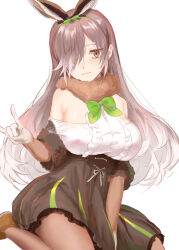 Rule 34 | 1girl, animal ears, bare shoulders, bow, bow hairband, bowtie, breasts, brown eyes, brown gloves, brown hair, brown pantyhose, brown skirt, buttons, center frills, chicha (chi cha rigbo), closed mouth, covered erect nipples, dutch angle, elbow gloves, european hare (kemono friends), extra ears, frills, fur collar, fur trim, furrowed brow, gloves, green bow, green bowtie, hair over one eye, hairband, hand up, high-waist skirt, highres, kemono friends, large breasts, light smile, lips, long bangs, long hair, looking at viewer, multicolored hair, \\n/, off-shoulder shirt, off shoulder, pantyhose, rabbit ears, shirt, simple background, sitting, skirt, solo, white background, white hair