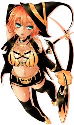Rule 34 | 1girl, absurdres, agetama, aqua eyes, bikini, black shorts, breasts, dark skin, dark-skinned female, earrings, halloween, hat, highres, jewelry, large breasts, long hair, looking at viewer, navel, necklace, orange hair, original, shorts, simple background, skull, solo, swimsuit, white background, witch, witch (agetama), witch hat