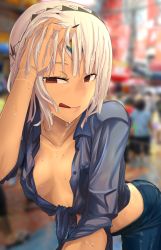 Rule 34 | 1girl, :q, altera (fate), black nails, breasts, dark skin, dark-skinned female, denim, fate/grand order, fate (series), i-pan, jeans, leaning forward, looking at viewer, nail polish, pants, red eyes, short hair, small breasts, smile, solo, solo focus, songkran, tongue, tongue out, veil, wet, white hair