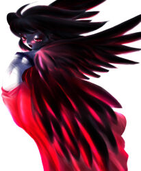 Rule 34 | 1girl, black hair, black shirt, blush, breasts, covered erect nipples, long hair, midriff, navel, open mouth, pale skin, red eyes, red skirt, shirt, skirt, small breasts, standing, underboob, usamirui, white background, wings