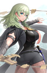 Rule 34 | 1girl, absurdres, ass, bad anatomy, black coat, black shirt, black shorts, breasts, brown pantyhose, byleth (female) (fire emblem), byleth (fire emblem), coat, cowboy shot, fire emblem, fire emblem: three houses, gonzarez, green eyes, green hair, hair between eyes, highres, holding, holding sword, holding weapon, large breasts, pantyhose under shorts, long hair, looking at viewer, nintendo, pantyhose, shirt, short shorts, shorts, solo, standing, sword, sword of the creator, thighs, twisted torso, vambraces, weapon