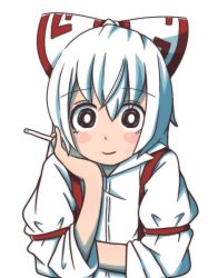 Rule 34 | 1girl, alison (alison airlines), bad id, bad pixiv id, black eyes, blush stickers, bow, cigarette, elbow rest, fujiwara no mokou, hair bow, head rest, long hair, looking at viewer, smoking, solo, touhou, white background, white hair