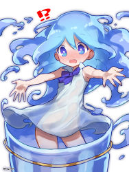 Rule 34 | !?, 1girl, blush, bow, bowtie, dress, embarrassed, female focus, highres, key 961, liquid hair, long hair, merc (merc storia), merc storia, monster girl, outstretched arms, see-through, slime girl, solo, spread arms, twitter username, white dress