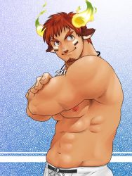 Rule 34 | 1boy, abs, american football uniform, animal ears, bara, brown eyes, brown hair, cow boy, cow ears, cow horns, crossed arms, dark-skinned male, dark skin, facial hair, fiery horns, forked eyebrows, glowing horns, goatee, guru-guru (supopo pon), horns, jewelry, looking at viewer, male focus, muscular, muscular male, navel, necklace, nipples, short hair, shorts, smile, solo, spiked hair, sportswear, stomach, textless version, thick eyebrows, tokyo houkago summoners, tooth necklace, topless male, underpec, wakan tanka, white shorts