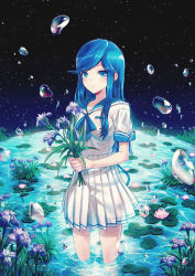 Rule 34 | 1girl, 40hara, blue eyes, blue hair, breasts, bubble, dress, flower, long hair, matching hair/eyes, night, original, partially submerged, sky, small breasts, smile, solo, standing, wading, water