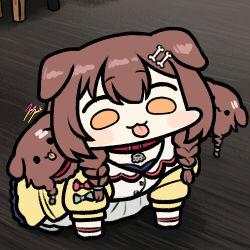 Rule 34 | 1girl, all fours, animal ears, blush, blush stickers, bone hair ornament, braid, brown hair, cerberus, collar, dog ears, dog girl, hair ornament, hololive, inugami korone, inugami korone (1st costume), jazz jack, lowres, orange eyes, photo-referenced, red collar, solo, tongue, tongue out, virtual youtuber