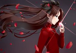 Rule 34 | 1girl, blush, brown hair, fate/stay night, fate (series), gem, grey background, hair ribbon, highres, kyona (konakona), long hair, open mouth, petals, red sweater, ribbon, simple background, sweater, tohsaka rin, twintails, two side up