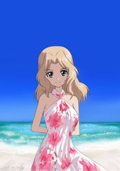 Rule 34 | 10s, 1girl, 2016, arms behind back, bare shoulders, beach, blonde hair, blue eyes, blue sky, bukkuri, dated, day, girls und panzer, hair intakes, highres, kay (girls und panzer), looking at viewer, ocean, outdoors, sand, sky, smile, solo, water