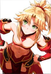 Rule 34 | 1girl, absurdres, bare shoulders, blonde hair, blush, breasts, cleavage, clenched hands, closed mouth, detached collar, fate/apocrypha, fate/grand order, fate (series), green eyes, hair ornament, hair scrunchie, hands on own hips, head tilt, highres, leaning forward, long hair, long sleeves, looking at viewer, mordred (fate), mordred (fate/apocrypha), navel, pelvic curtain, ponytail, puffy sleeves, scan, scrunchie, sidelocks, simple background, small breasts, solo, stomach, tonee, white background