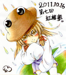 Rule 34 | 10s, 1girl, 2011, bad id, bad pixiv id, blonde hair, colored pencil (medium), dated, dutch angle, female focus, hat, looking at viewer, moriya suwako, nora wanko, rain, shikishi, sitting, sleeves past wrists, smile, solo, thighhighs, touhou, traditional media, translation request, white thighhighs, yellow eyes, zettai ryouiki
