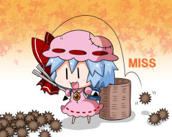 Rule 34 | 1girl, :3, bad id, bad pixiv id, basket, blue hair, blush, bow, brooch, chestnut, chibi, commentary request, dress, english text, full body, hair bow, hat, holding, jewelry, leaf, mob cap, motion lines, noai nioshi, open mouth, pink dress, puffy short sleeves, puffy sleeves, red bow, remilia scarlet, ribbon-trimmed clothes, ribbon trim, shadow, short hair, short sleeves, smile, solo, standing, stitches, throwing, tongs, touhou, | |