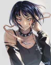 Rule 34 | 1girl, alternate costume, audio jack, bare shoulders, black choker, boku no hero academia, breasts, choker, chup her0, cross, cross necklace, grey background, jewelry, jirou kyouka, large breasts, looking at viewer, necklace, shirt, short hair, simple background, smile, solo, spiked choker, spikes, upper body