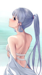 Rule 34 | 1girl, absurdres, ayaka (genshin impact), back, bandages, bare shoulders, blue eyes, breasts, chest sarashi, closed mouth, clothes pull, commentary request, duplicate, from behind, genshin impact, grey hair, hair ribbon, highres, long hair, looking at viewer, looking back, medium breasts, mole, mole under eye, pixel-perfect duplicate, ponytail, ribbon, sarashi, shirafuji ene, shirt pull, sidelocks, solo, upper body, very long hair