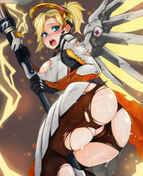 Rule 34 | 1girl, adultonly, ass, bad id, bad pixiv id, blonde hair, blue eyes, blush, breasts, gloves, gun, halo, highres, holding, holding gun, holding staff, holding weapon, looking at viewer, looking back, mechanical wings, mercy (overwatch), open mouth, overwatch, overwatch 1, pantyhose, partially visible vulva, skindentation, solo, staff, teeth, thick thighs, thighs, tongue, torn clothes, torn legwear, weapon, wings