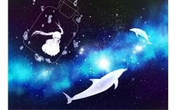Rule 34 | 1girl, animal, bottle, chi@ki (qualia), dolphin, dress, fantasy, floating hair, highres, jar, milky way, night, night sky, original, sitting, sky, smile, solo, space, star (sky), star (symbol), starry background, starry sky, surreal, twintails, white hair