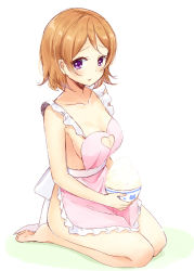 Rule 34 | 10s, 1girl, apron, bare arms, bare legs, blush, breasts, collarbone, frilled apron, frills, full body, heart, heart cutout, koizumi hanayo, looking at viewer, love live!, love live! school idol project, medium breasts, naked apron, natsu (natume0504), no bra, orange hair, pink apron, purple eyes, rice, rice bowl, seiza, short hair, simple background, sitting, soles, solo, tsurime, white background