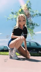 Rule 34 | 1girl, absurdres, arrow (symbol), black shirt, blue eyes, blue shorts, child, day, english text, fingernails, forehead, full body, hand on own knee, highres, litra (ltr0312), long hair, looking at viewer, nike (company), on one knee, original, outdoors, platinum blonde hair, shadow, shirt, shorts, socks, solo, sportswear, t-shirt, white footwear, white socks