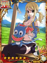 Rule 34 | 1girl, blonde hair, breasts, cleavage, collarbone, detached sleeves, fairy tail, happy (fairy tail), large breasts, lucy heartfilia, midriff, navel, official art, revealing clothes, skirt, thighhighs, twintails