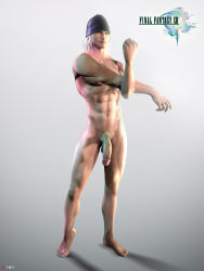 Rule 34 | 1boy, abs, barefoot, blonde hair, feet, final fantasy, full body, gnin, hat, highres, looking at viewer, male focus, muscular, nude, penis, smirk, snow villiers, solo, stretching, testicles, toes