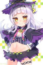 Rule 34 | 1girl, absurdres, bad id, bad pixiv id, black capelet, black headwear, black skirt, blunt bangs, bow, bowtie, capelet, commentary, cowboy shot, cropped shirt, grey shirt, hair bun, hair ornament, hairband, half updo, hat, highres, hololive, huge filesize, long hair, long sleeves, looking at viewer, lowleg, lowleg skirt, microskirt, midriff, murasaki shion, murasaki shion (1st costume), navel, noi mine, pink bow, pink bowtie, pinstripe pattern, pinstripe shirt, purple capelet, shirt, short eyebrows, side bun, silver hair, simple background, single side bun, skirt, smile, solo, star (symbol), striped clothes, striped shirt, thigh strap, tilted headwear, twitter username, vertical-striped clothes, vertical-striped shirt, virtual youtuber, witch hat, yellow eyes