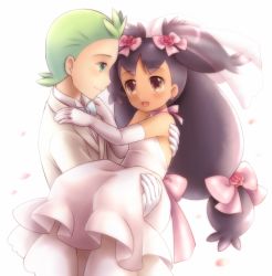 Rule 34 | 1boy, 1girl, :d, alternate color, blonde hair, blue eyes, blush, bow, bowtie, brown eyes, carrying, child, choker, cilan (pokemon), couple, creatures (company), dark-skinned female, dark skin, dress, earrings, elbow gloves, eye contact, flower, formal, game freak, gloves, green hair, gym leader, hair bow, hair flower, hair ornament, hetero, highres, holding, interracial, iris (pokemon), jewelry, long hair, looking at another, nintendo, open mouth, pokemon, porocha, princess carry, shiny skin, short hair, smile, traditional bowtie, very long hair, wedding dress, white dress, white gloves