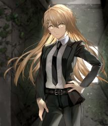 Rule 34 | 1girl, absurdres, alternate costume, belt, collared shirt, commission, cowboy shot, dress shirt, expressionless, formal, girls&#039; frontline, hand on own hip, highres, hitotsuyama jitan, light brown hair, long hair, looking at viewer, necktie, ppk (girls&#039; frontline), shirt, shirt tucked in, skeb commission, solo, suit, very long hair, yellow eyes