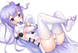 Rule 34 | 1girl, 2drr, ahoge, ass, azur lane, commentary request, covered mouth, detached sleeves, hugging doll, dress, hair ribbon, highres, long hair, looking at viewer, lying, hugging object, one side up, panties, pantyshot, purple eyes, purple hair, ribbon, simple background, solo, stuffed animal, stuffed toy, stuffed unicorn, stuffed winged unicorn, thighhighs, underwear, unicorn (azur lane), white background, white dress, white panties, white thighhighs