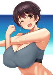 Rule 34 | 1girl, ;d, blue background, breasts, brown eyes, brown hair, cleavage, commentary request, gradient background, highres, huge breasts, idolmaster, idolmaster cinderella girls, looking at viewer, oikawa shizuku, one eye closed, open mouth, short hair, simple background, smile, solo, sports bra, sweat, tomajiyama, two-tone background, upper body, white background
