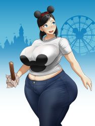 Rule 34 | 1girl, absurdres, amusement park, animal ears, ass, bad id, bad pixiv id, belly, black hair, blue eyes, blush, bow, breasts, castle, churro, cosplay, denim, disney, disneyland, fake animal ears, female focus, ferris wheel, flag, food, hair ornament, happy, highres, holding, huge ass, huge breasts, jeans, mickey mouse, mickey mouse (cosplay), mouse ears, navel, open mouth, original, outdoors, pants, plump, short hair, smile, solo, standing, thick thighs, thighs, tight clothes, toroboro, wide hips