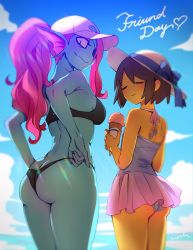 Rule 34 | 2girls, artist name, ass, bare arms, bare shoulders, bikini, black bikini, blue bow, blue skin, bow, breasts, brown hair, closed eyes, colored skin, cowboy shot, day, female frisk (undertale), fins, food, frisk (undertale), from behind, from side, hat, heart, highres, ice cream, ice cream cone, long hair, looking at viewer, looking back, medium breasts, multiple girls, noah (tettsui-sole), outdoors, panties, pink hair, ponytail, red hair, short hair, skindentation, smile, swimsuit, undertale, underwear, undyne, white headwear, white panties
