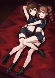 2girls arm_up armpits black_shirt black_skirt blue_eyes blush breasts brown_hair closed_mouth crop_top drill_hair full_body hand_on_another&#039;s_ass high_heels highres hug idolmaster idolmaster_million_live! kamille_(vcx68) looking_at_viewer lying medium_breasts midriff miniskirt multiple_girls navel on_back on_bed on_side open_mouth ponytail purple_eyes satake_minako shirt skirt sleeveless sleeveless_shirt smile yokoyama_nao