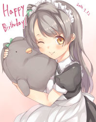 Rule 34 | 10s, 1girl, ;), apron, brown eyes, brown hair, dated, happy birthday, long hair, looking at viewer, love live!, love live! school idol project, maid, maid headdress, mikage sekizai, minami kotori, minami kotori (bird), hugging object, one eye closed, open mouth, smile, solo, stuffed toy