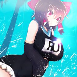 Rule 34 | 1girl, black one-piece swimsuit, black sleeves, blush, bow, breasts, brown hair, commentary request, cookie (touhou), cowboy shot, detached sleeves, frilled swimsuit, frills, hair between eyes, hair bow, hair tubes, hakurei reimu, highres, large breasts, looking at viewer, name tag, one-piece swimsuit, open mouth, palm tree, red bow, red eyes, reu (cookie), school swimsuit, short hair, solo, swimsuit, touhou, tree, triangle mouth, yogi (nicoseiga35292619)