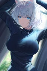 Rule 34 | 1girl, alternate costume, animal ears, azur lane, backlighting, blue eyes, blue sweater, blunt bangs, breasts, commentary request, dutch angle, fox ears, fox girl, highres, kaga (azur lane), large breasts, long sleeves, looking at viewer, parted lips, short hair, silver hair, solo, sweater, v-shaped eyebrows, xi ying