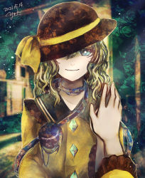 Rule 34 | 1girl, black hat, blouse, bright pupils, buttons, closed mouth, dated, diamond button, frilled shirt collar, frilled sleeves, frills, green eyes, green hair, hair between eyes, hand up, hat, hat ribbon, highres, komeiji koishi, long hair, long sleeves, looking at viewer, mirror, one eye covered, pov, reflection, ribbon, shirt, signature, smile, solo, third eye, touhou, upper body, wavy hair, white pupils, wide sleeves, yellow ribbon, yellow shirt, yoriko 25