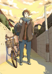 Rule 34 | 10s, 1boy, alley, bag, basket, bicycle, blouse, breath, brown eyes, brown hair, building, cardigan, coat, full body, fur trim, hand in pocket, holding, holding bag, kyon, male focus, open mouth, outdoors, pants, power lines, scarf, school bag, school uniform, shadow, shirt, sky, solo, standing, sunset, suzumiya haruhi no shoushitsu, suzumiya haruhi no yuuutsu, sweater vest, takeshita, utility pole, white shirt, winter clothes, yellow sky
