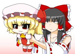 Rule 34 | &gt;:3, &gt;:|, &gt; &lt;, 2girls, :3, :|, > <, animated, animated gif, annoyed, ascot, black hair, blonde hair, bow, chibi, closed eyes, closed mouth, detached sleeves, dress, female focus, flandre scarlet, hair bow, hair tubes, hakurei reimu, hat, japanese clothes, jitome, large bow, long hair, lowres, miko, multiple girls, non-web source, open mouth, red eyes, short hair, side ponytail, simple background, smile, touhou, v-shaped eyebrows, wings, x3, yamato damashi