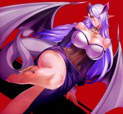 Rule 34 | 1girl, bare shoulders, breasts, cleavage, demon girl, demon tail, dutch angle, hair over one eye, hip focus, horns, large breasts, lilim (monster girl encyclopedia), long hair, looking at viewer, monster girl, monster girl encyclopedia, propellercube, purple hair, red background, simple background, sitting, solo, tail, thighs, very long hair