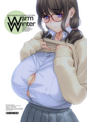 Rule 34 | 1girl, breast pocket, breasts, brown hair, cleavage, cleavage cutout, clothing cutout, cover, cover page, glasses, huge breasts, magaki ryouta, no bra, pocket, purple eyes, solo, straining buttons, twintails