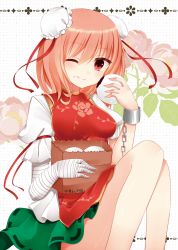 Rule 34 | 1girl, ;), bag, bandages, chain, china dress, chinese clothes, cuffs, double bun, dress, eating, female focus, food, highres, ibaraki kasen, one eye closed, onigiri, paper bag, pink hair, red eyes, shackles, sitting, smile, solo, touhou, wink, yuzuki (blossom)