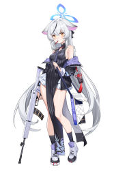 Rule 34 | 1girl, absurdres, animal ears, black dress, black jacket, blue archive, breasts, child, contrapposto, crossed bangs, dated, dress, full body, gaosu gong lu, grey hair, gun, halo, highres, holding, holding pencil, impossible clothes, impossible dress, jacket, kokona (blue archive), looking at viewer, mouth hold, multicolored hair, off shoulder, orange eyes, pencil, pinstripe dress, pinstripe pattern, rifle, shoes, sidelocks, simple background, small breasts, sneakers, socks, solo, streaked hair, striped clothes, striped dress, tiger ears, tiger girl, weapon, white background, white hair