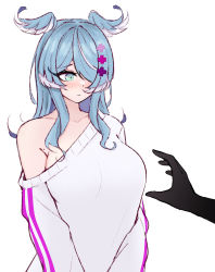 Rule 34 | + +, 1girl, 1other, aqua eyes, bare shoulders, blue eyes, blue hair, blue wings, blush, breasts, closed mouth, collarbone, dragon girl, elira pendora, elira pendora (1st costume), hair ornament, hair over one eye, head wings, highres, imminent grope, large breasts, long hair, looking at another, m r b, mole, nijisanji, nijisanji en, off shoulder, one eye covered, sideboob, sidelocks, simple background, sweater, v arms, virtual youtuber, white background, white sweater, wings, x hair ornament