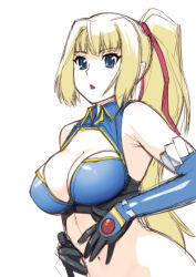 Rule 34 | 10s, 1girl, blonde hair, blue eyes, breasts, cleavage, elbow gloves, gloves, hands on stomach, large breasts, limalisha, long hair, madan no ou to vanadis, navel, out-of-frame censoring, ponytail, solo, ueyama michirou