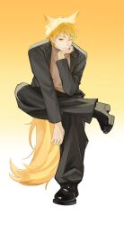 Rule 34 | 1boy, absurdres, animal ears, atou haruki, black footwear, black jacket, black pants, blonde hair, brown sweater, chinese commentary, closed mouth, commentary request, fox boy, fox ears, fox tail, gradient background, head rest, highres, invisible chair, jacket, kemonomimi mode, long sleeves, male focus, one eye closed, open clothes, open jacket, pants, red eyes, saibou shinkyoku, shi mo qi wa, short hair, simple background, sitting, smile, solo, sweater, tail, turtleneck, turtleneck sweater